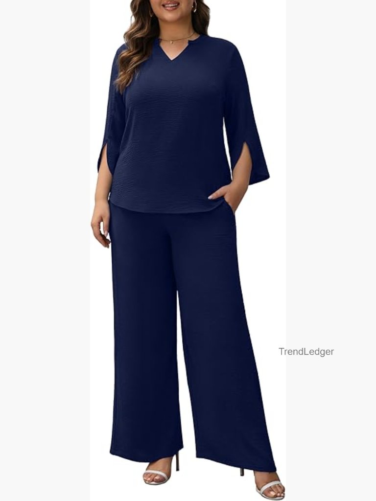 Plus Size 2 Piece Outfit Dressy Wide Leg Pants Set With 3/4 Sleeve Top